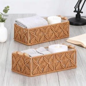 ตะกร้าสานสีน้ำตาลทรงสี่เหลี่ยมผืนผ้า เหมาะสำหรับจัดเก็บของในห้องน้ำ ใช้เป็นที่จัดระเบียบโต๊ะเครื่องแป้ง และตกแต่งบ้านอย่างมีสไตล์ พร้อมดีไซน์ที่ใช้งานได้จริง - Product Image 6