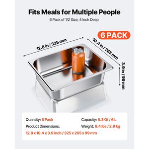 Set di 6 Vaschette per Buffet in Acciaio Inox, Misura 1/2, Profondità 4 Pollici, Antiaderenti, Riutilizzabili, Antiruggine, per Hotel e Ristoranti - Product Image 1