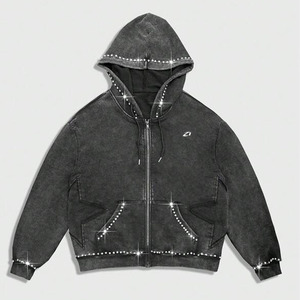Sudadera con capucha para hombre, negra lavada, con ribete de pedrería, con cremallera, corta, oversize, de forro polar grueso, estilo streetwear, con hombros caídos, cordón y bolsillo frontal - Product Image 2