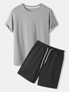 Conjunto de Camiseta y Pantalones Cortos de Algodón para Hombre, Color Sólido, Cuello Redondo, Bolsillo, Ribete en Contraste, Ropa Casual, Corte Regular - Product Image 4