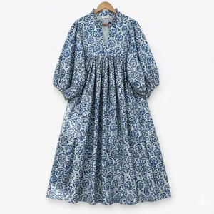 Boho Style Floral Block Print Viscose Midi <b>Dress</b> With V-Neck Puff Sleeve <b>Loose</b> Fit Summer Casual <b>Dress</b> For Women - Product Image 4