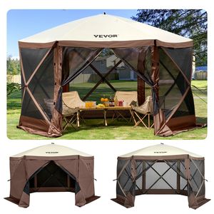 Tenda da campeggio portatile da 12x12 piedi a 6 lati in rete a baldacchino marrone/Beige per finestre porta borse con grande riparo ombreggiante per prato all'aperto - Product Image 1