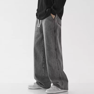 2026 New Trendy Brand Drawstring Jeans for Men Summer Thin Large Size Straight Loose Fit Light Color Wide Leg <b>Pants</b> Denim Washed - Product Image 4