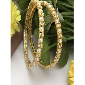 Classy Gold Plated Imitation Pearl <b>Bangle</b> Bracelets <b>Set</b> Trendy Style Women's Wedding Gift Jewelry with Moissanite - Product Image 1