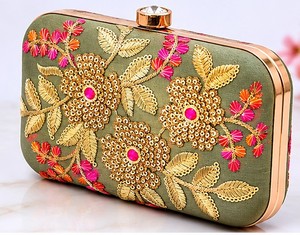 Elegant Olive Green Embroidered Floral Clutch With <b>Sequins</b> Women's Silk Evening <b>Handbag</b> Magnetic Closure - Product Image 3