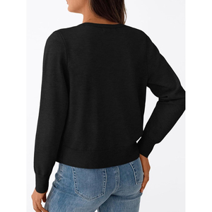 Cárdigan de punto negro para mujer, antiarrugas, grueso, con cuello redondo, botones frontales, informal, de manga larga, largo regular - Product Image 3