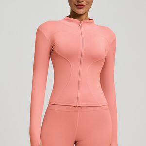Women Full Length Sleeve <b>Yoga</b> <b>Jacket</b> Quarter Zip Solid Color Breathable Spandex Polyester Seamless High Waist Design - Product Image 4