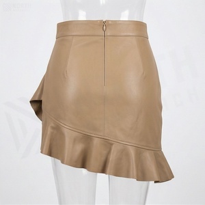 Women High Waist Faux Leather Mini Skirt <b>Asymmetrical</b> Ruffles Solid Color Shiny Design All Seasons Style - Product Image 2