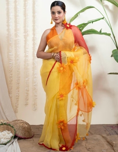 KV Women's Surajmukhi Yellow Organza Silk <b>Saree</b> Without Blouse - Product Image 3