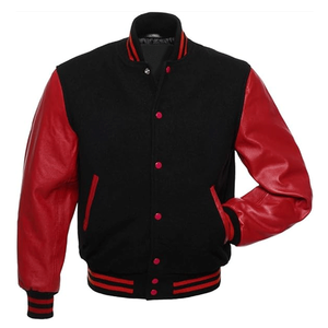เสื้อแจ็คเก็ตเบสบอลทรงบอมเบอร์สำหรับผู้ชาย สีดำ ทำจากผ้าขนสัตว์ พร้อมแขนหนังแท้สีแดง กันลม เป็นมิตรต่อสิ่งแวดล้อม - Product Image 1
