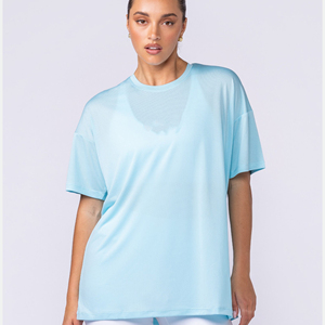 T-shirt en maille bleu clair surdimensionné pour femme, col rond, coupe ample, respirant, manches courtes, style printemps-été - Product Image 6
