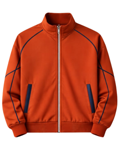 Conjunto Deportivo Personalizado para Hombre, Color Naranja, con Cierre Completo y Ribete Azul Marino, Ropa Deportiva, Fabricante Personalizado OEM, Ropa de Gimnasio - Product Image 1