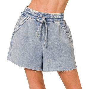 Venta al por mayor OEM: Shorts de algodón 100% con lavado ácido para mujer, Top casual transpirable de ajuste ceñido, Camiseta de manga corta para mujer activa - Product Image 1