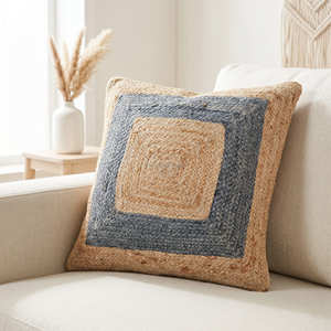 Funda de Cojín de Yute Trenzado con Borde Azul, Cojín Decorativo, Cojín Decorativo Escandinavo, Decoración Natural para el Hogar - Product Image 1