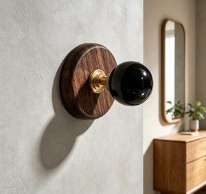 Aluminum Double Wall <b>Hook</b> Round Coat Rack Glossy Polished Finish <b>Black</b> Knob Farmhouse Style Entryway Closet Bathroom - Product Image 1