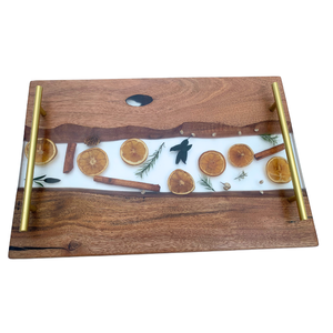 Rustic Wooden Serving Tray With Resin Inlay Dried Citrus And Herbs Rectangular Handmade Kitchen Tableware - Product Image 1
