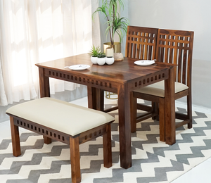 Ensemble de table à manger 2+1+1, 4 pièces, table à manger en bois massif Sheesham, ensemble compact pour 4 personnes, ensemble de table à manger design Jodhpuri avec banc - Product Image 1