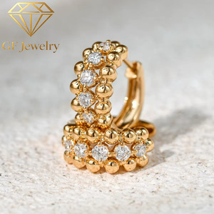 Pendientes de Aro Huggie con Cuentas de Oro Sólido de 18K, Diamantes Redondos Cultivados en Laboratorio, Joyería Fina para Mujer, Banquete - Product Image 2
