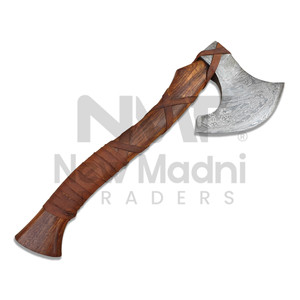 Hache de bûcheron artisanale à tête en acier forgé, manche en bois, style barbu avec enveloppe en cuir, en acier à haute teneur en carbone - Product Image 1