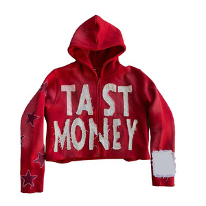 Sweat-shirt à capuche Tast Money Crop avec lettres appliquées, fermeture éclair sur le devant, streetwear unisexe, coupe ample, en molleton French Terry - Product Image 6
