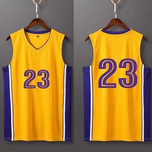 Maillot de basket-ball jaune et violet 23, col en V, sans manches, respirant, en polyester, unisexe, pour adultes, toutes saisons, impression des numéros d'équipe - Product Image 1