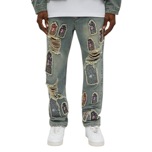 Pantalones Vaqueros Vintage para Hombre, Lavados y Desgastados, Corte Regular, 100% Algodón, Estilo Cargo con Parches Bordados, Casuales - Product Image 1