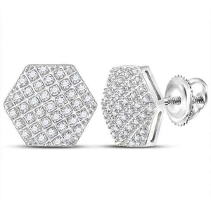 0.75 TCW Real Diamond Stud <b>Earrings</b> 14K White Gold Round Cut Cluster | Hexagon Design Screw <b>Back</b> Women Fine Jewelry Style Gift - Product Image 3