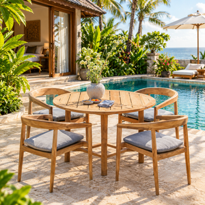 Wooden <b>Garden</b> <b>Table</b> Set Round Outdoor Dining Furniture Patio Seating Set with Cushioned <b>Chairs</b> for Villa Poolside - Product Image 1