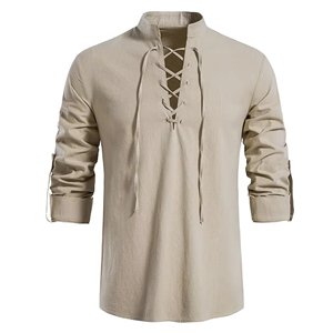 High Quality Men's Vintage Short Sleeve Cotton <b>Linen</b> Blouse Breathable Knitted <b>Yarn</b> Dyed Customizable Casual V-neck 220g - Product Image 4