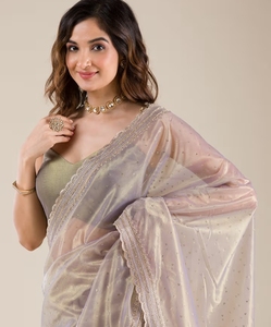 Sari Tradicional KV para Mujer, en Viscosa Dorada y Organza, con Diseño Reversible Antiarrugas, para Fiestas, Blusa Sin Coser - Product Image 1