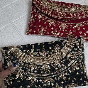 Handmade Elegant Velvet Envelope <b>Clutch</b> Set with Rich Emerald <b>Green</b> and Royal Maroon Exquisite Hand-Embroidered Design - Product Image 1
