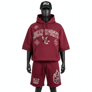 Ensemble sweat à capuche et short en molleton de coton de haute qualité pour homme, 320 GSM, bordeaux, streetwear, avec empiècements en mesh et logo imprimé. - Product Image 1