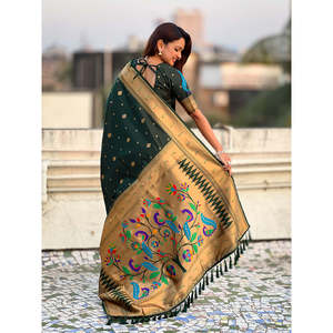 Sari en tissu Paithani Zari tissé en vert bouteille, écharpe ethnique, châle - Product Image 4