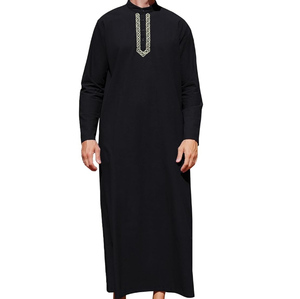 Top Customer Choice Embroidered Neck Design Stand Collar Jubbah Solid Color Low MOQ Custom Branding <b>Thobes</b> For <b>Men</b> - Product Image 5