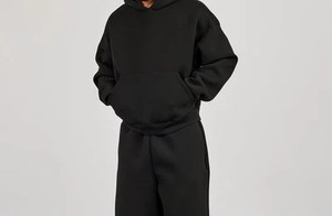 Unisex Black Two-Piece Hooded <b>Sweatshirt</b> Set Full Sleeve Loose Fit Cotton Fleece Casual All Seasons Solid Color Knitted Long - Product Image 5
