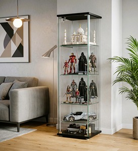 Modern Glass Display Cabinet for Model Car Collection with Lock, Wooden Top & Bottom Iron Tube <b>Showcase</b>, Home Display Cabinet - Product Image 1