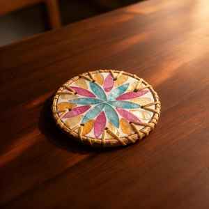 Posavasos de Bar de Lujo Ligero, Ecológico, con Aislamiento Térmico, Borde de Mimbre Tejido a Mano y Concha de Color, Redondo de 10 cm - Product Image 2