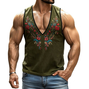 Débardeur Homme Slim Fit Col V Profond Personnalisé Broderie Florale Sans Manches Style Streetwear Tendance Vente en Gros OEM - Product Image 4