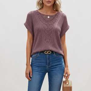 Pull en coton tricoté pour femme, manches courtes, col rond, style décontracté, été, couleur unie, fait main - Product Image 1