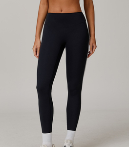 Leggings rayés taille haute longueur intégrale avec bandes latérales blanches, pantalon de yoga sportif en tricot extensible pour femme, toutes saisons - Product Image 3