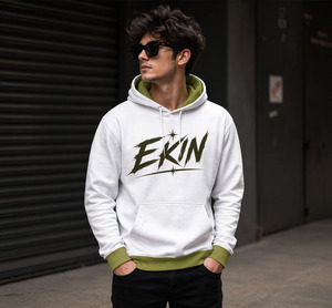 Sweat-shirt à capuche blanc pour homme <span class=keywords><strong>Ekin</strong></span> avec bordure vert olive et logo imprimé sur le devant, style décontracté, coupe classique, 100% coton French Terry - Product Image 3