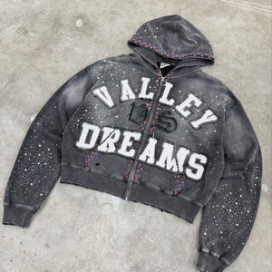 Sudadera con capucha y cremallera Valley Dreams con pedrería, estilo Y2K, corte oversize, unisex, negra, de punto - Product Image 1