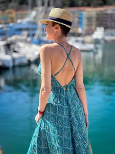 เดรสสไตล์โบฮีเมียนขายส่ง เดรสแขนกุดยาวปานกลาง เดรสยาวลำลองสำหรับฤดูร้อน เดรสพิมพ์ลายคอวี - Product Image 5