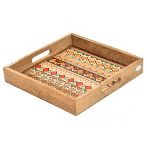 Mango Wood Enamel Tray Rectangle Serving Tray with Ethnic Pattern for Home Decor - Product Image 6