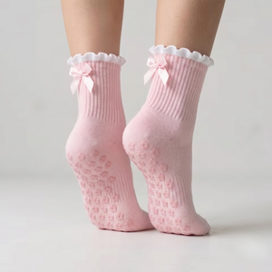 Custom Logo Bow Grip Socks Non <b>Slip</b> Pilates Yoga Barre Socks Cute Ruffle Cotton Crew Socks for Women OEM ODM Factory - Product Image 2