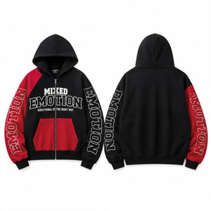 Sudadera con capucha y cremallera con estampado de letras Mixed Emotion, manga raglán, estilo urbano para hombre, otoño, negro, rojo, algodón, FRENCH TERRY - Product Image 1