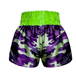 Shorts de boxe Muay Thai personnalisés, camouflage violet et vert, respirants, séchage rapide, polyester/coton, unisexe adulte, service OEM - Product Image 3