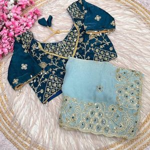 Sari de satén de seda de diseñador con bordado de lentejuelas y borde calado, con blusa cosida, precio mayorista de Royal Export - Product Image 4