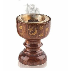 Quemador de Incienso de Madera con Cáliz Ornamentado, Incrustaciones de Estrellas y Luna, con una Copa Metálica Dorada Extraíble de Alta Resistencia - Product Image 2