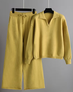 Women's Winter Casual Solid Long Sleeve Sweater & Straight Leg Pants Suit Set Fleece Fabric Polyester/Cotton - Product Image 1